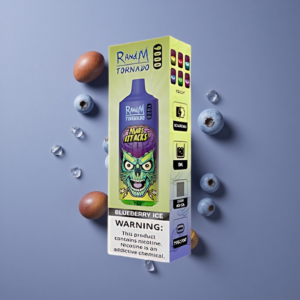 RandM Fumot Tornado 9000 Puffs וייפ חד פעמי אוכמניות קרח עם סוללה נטענת 850 mAh ותצוגת RGB אלגנטית
