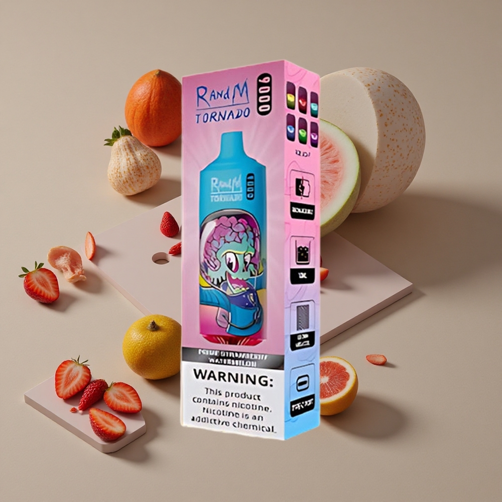RandM Fumot Tornado 9000 Puffs טבעני תות אבטיח עם סוללה 850 mAh ותצוגת RGB חלקה
