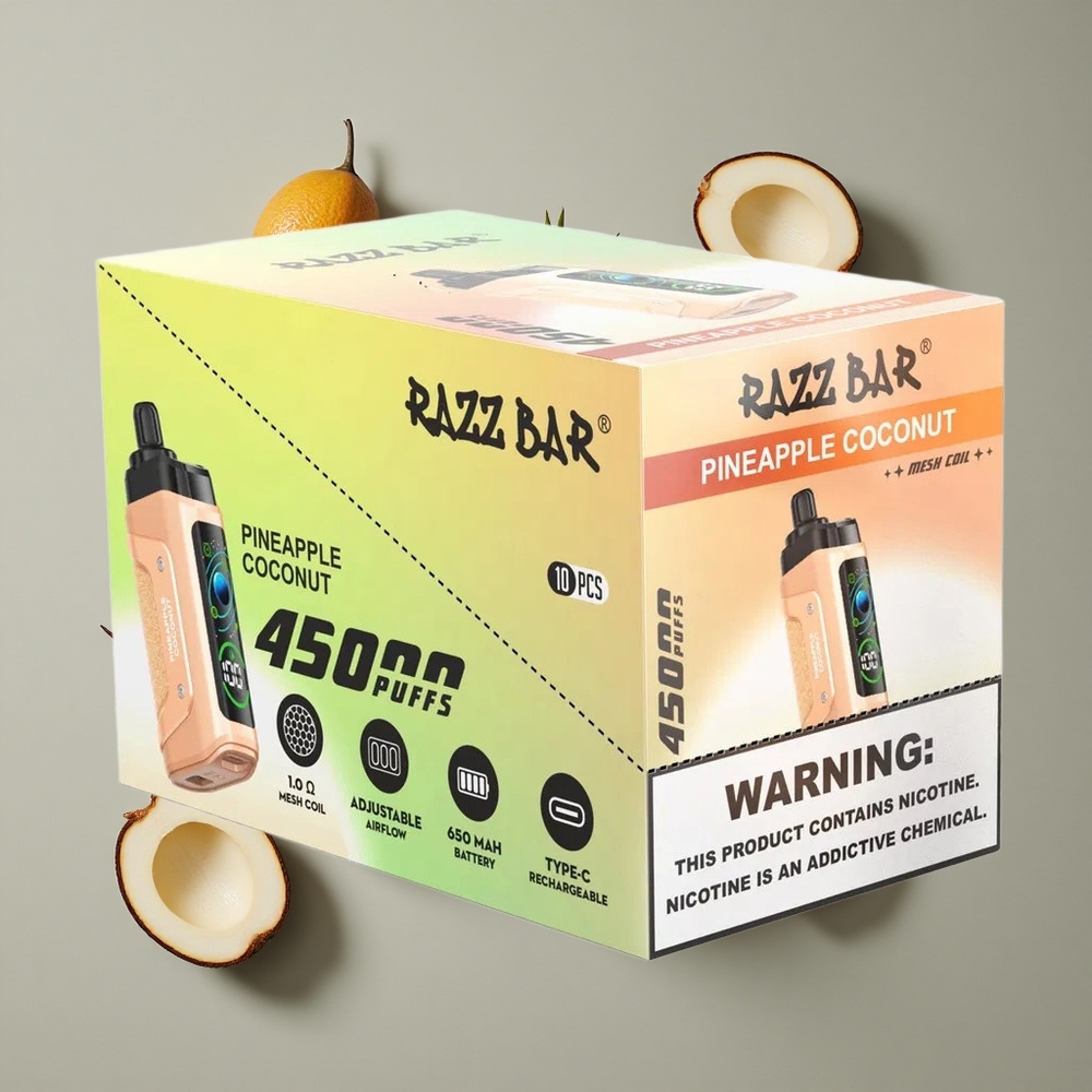 Razz Bar 45000 פאפים איוד חד פעמי אננס קוקוס סוללה 650 מיליאמפר זרם חשמלי סליל 10 אוהם
