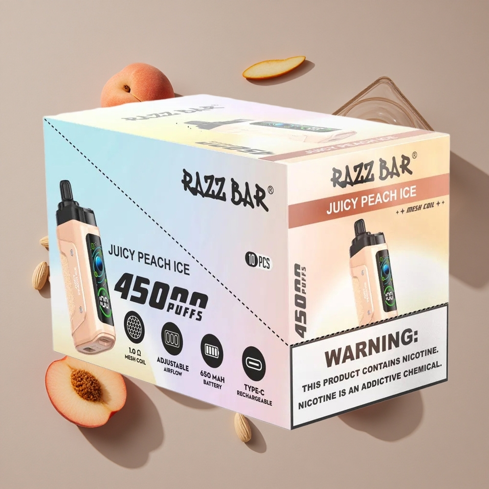 Razz Bar 45000 פאפים סוללה 650 מאח מנגנון אוויר מתכוונן אפרסק עסיסי קרח