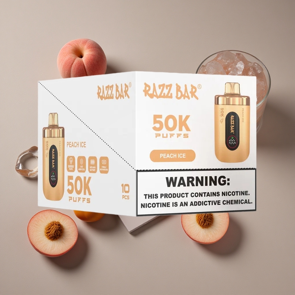 Razz Bar 50K Puffs וייפ חד פעמי אפרסק קרח עם סוללה 650 מא\ש וסליל 10 אוהם