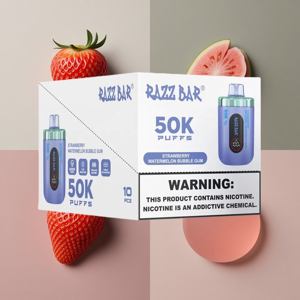 Razz Bar 50K Puffs וייפ חד פעמי תות אבטיח מסטיק בועות עם סוללה 650 מאח וסליל 10 אוהם