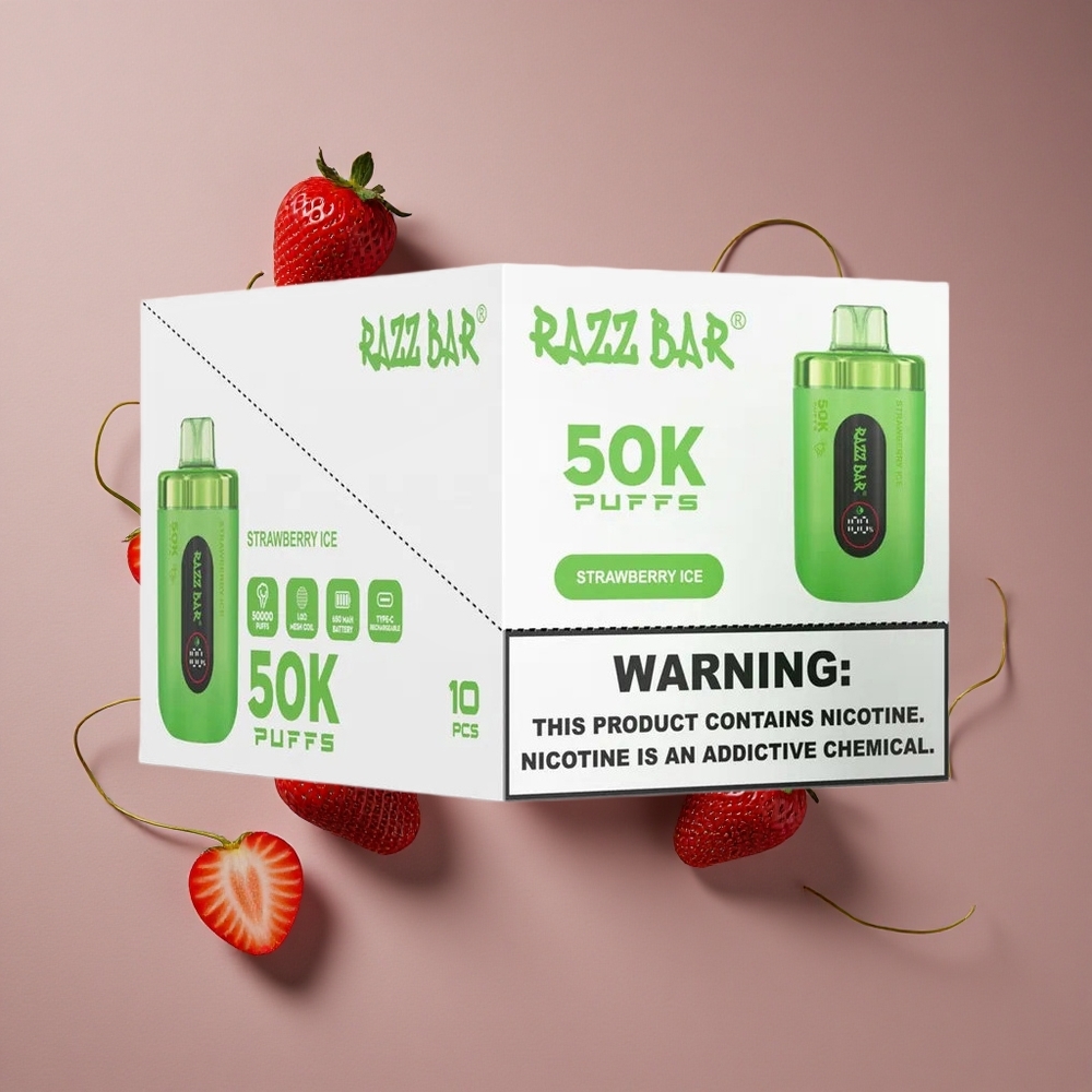 Razz Bar 50K Puffs מתכלה אידוי תות קרח עם סוללה 650 Mah וסליל 10 Ohm